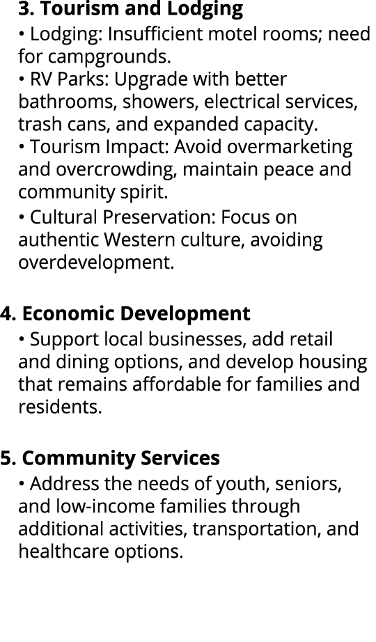 3. Tourism and Lodging • Lodging: Insufficient motel rooms; need for campgrounds. • RV Parks: Upgrade with better bat...