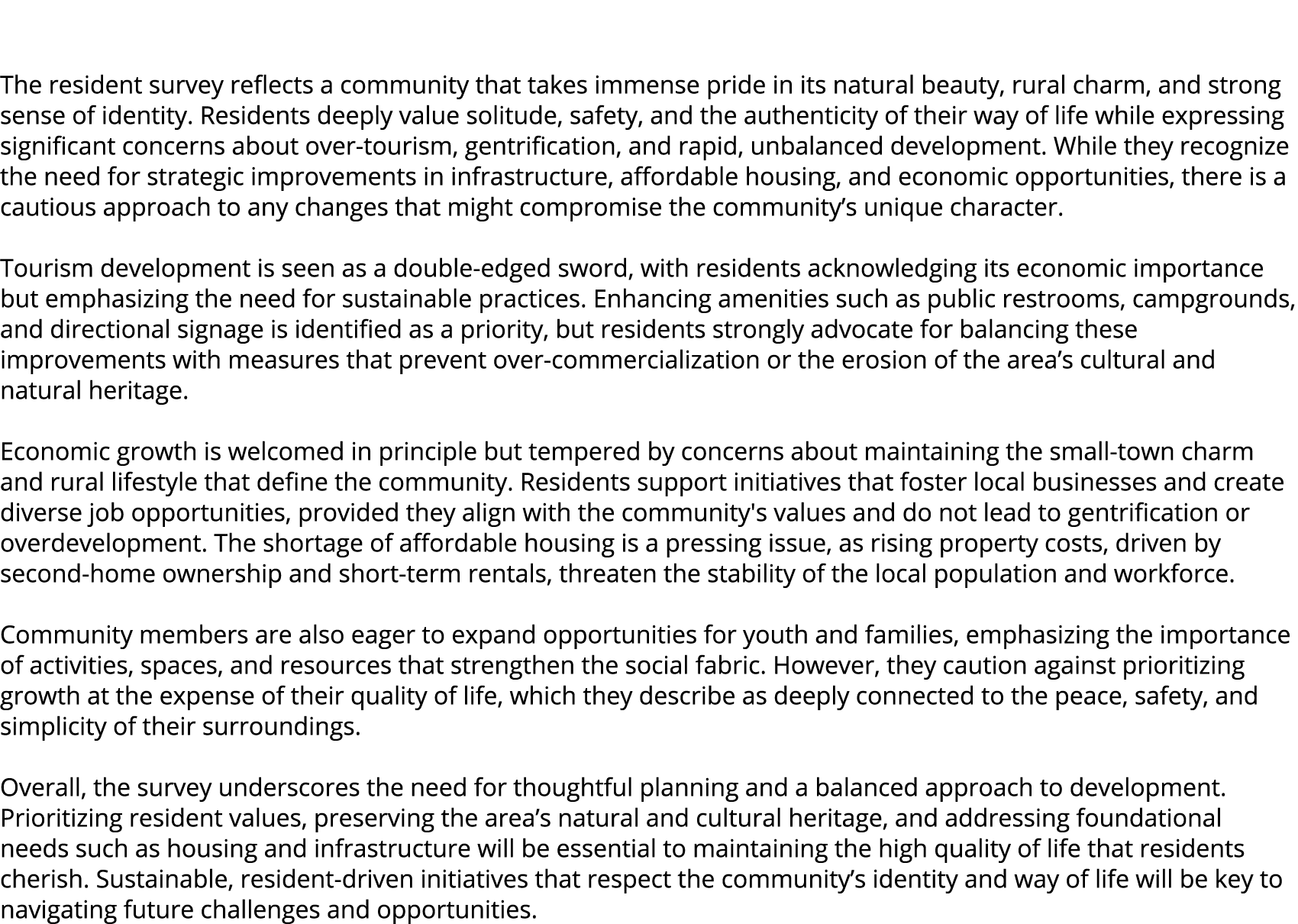  The resident survey reflects a community that takes immense pride in its natural beauty, rural charm, and strong sen...