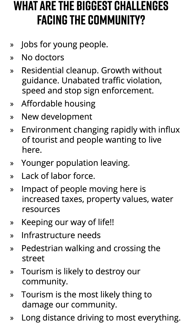 What are the biggest challenges facing the community? » Jobs for young people. » No doctors » Residential cleanup. Gr...