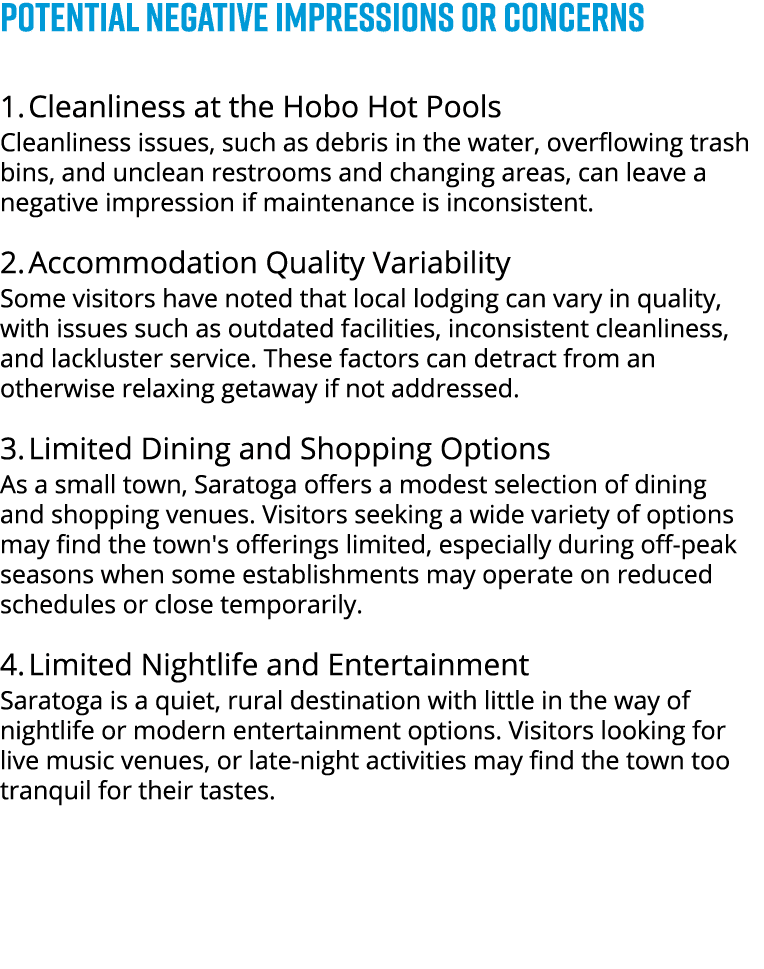 POTENTIAL NEGATIVE IMPRESSIONS OR CONCERNS 1. Cleanliness at the Hobo Hot Pools Cleanliness issues, such as debris in...