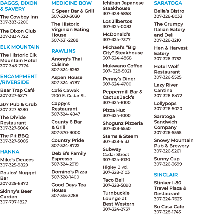 BAGGS, DIXON & SAVERY The Cowboy Inn 307 383 2200 The Dixon Club 307 383 7722 ELK MOUNTAIN The Historic Elk Mountain ...